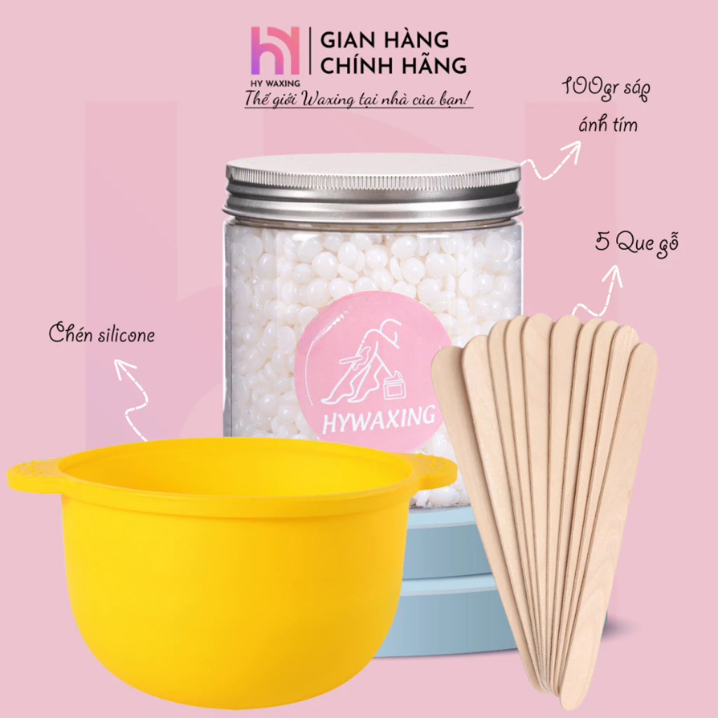 [CHE TÊN] Combo Chén Nấu Sáp Wax Lông Silicone HY WAXING + 100gr Sáp Ánh Tím Premium Tặng Que