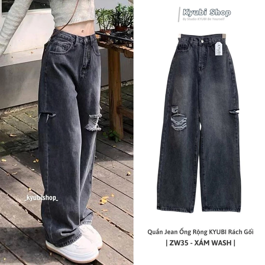 Quần Jean Hiphop Rách Gối Ống Rộng phong cách Retro Cá Tính Âu Mỹ (Nhiều Mẫu, Có Bigsize) - KYUBI ZW35