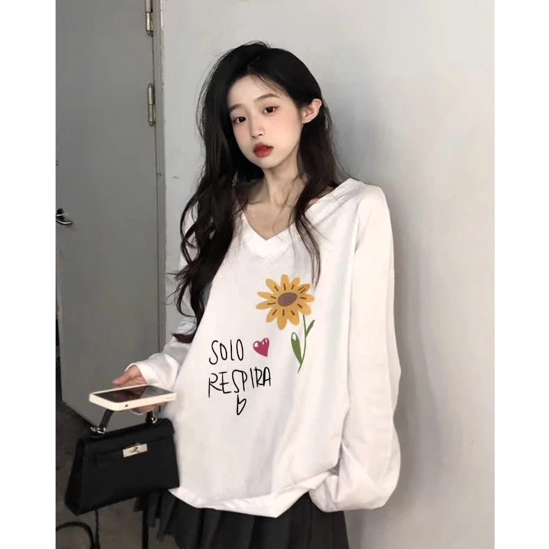 Áo thun TAY DÀI CỔ TIM in hình style Hàn Quốc menina_studio, áo tay dài nữ tim thun  giấy form rộng cá tính