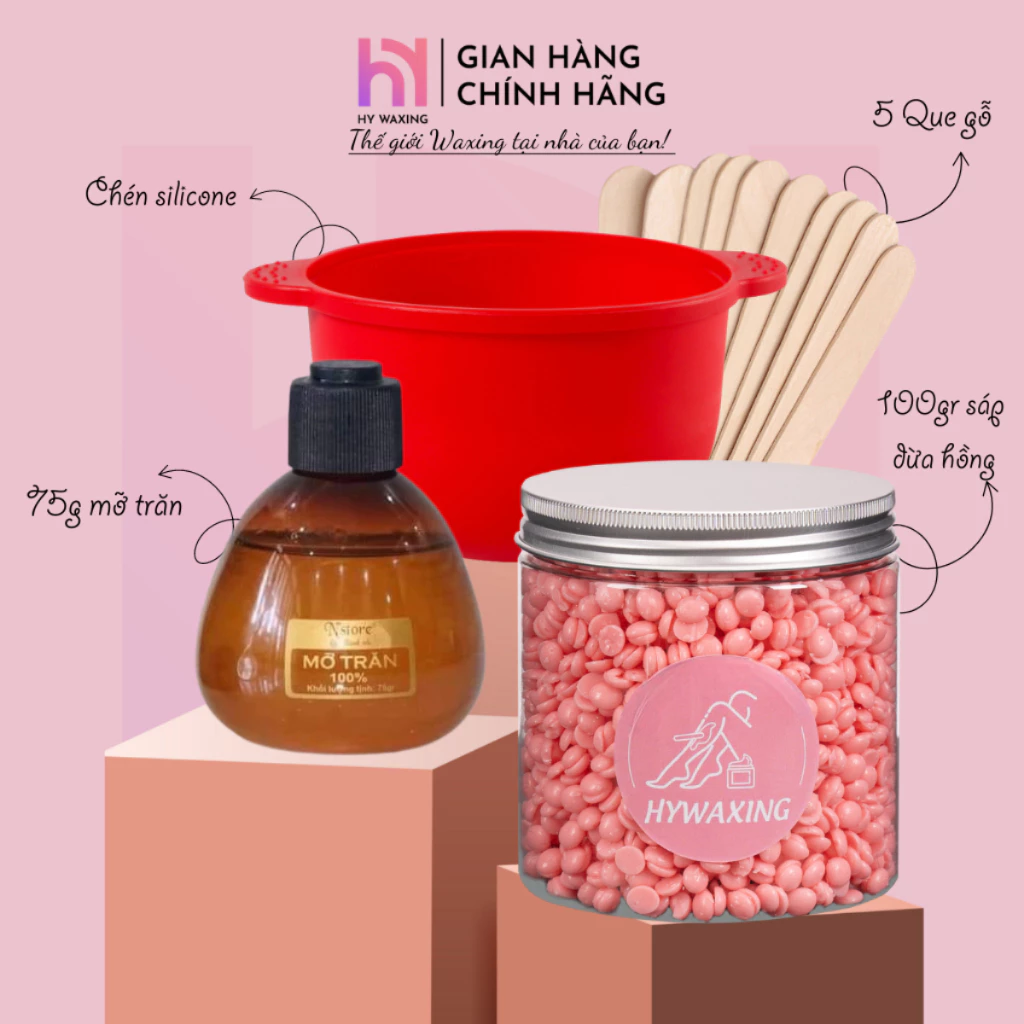 [CHE TÊN] Combo 100gr Sáp Hồng Dừa Cao Cấp + Chén Nấu Sáp Wax Lông Silicone + Mỡ Trăn Tặng Que