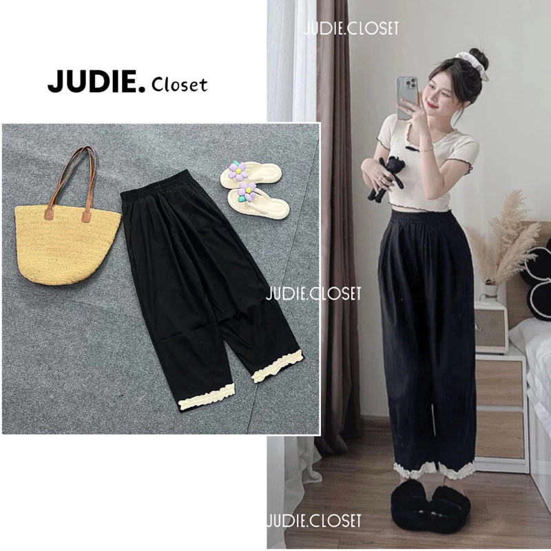 Quần Bom Nữ Dáng Lửng Chất Thô Mềm Gắn Gấu Ren,Quần Nữ Ống Rộng Gắn Ren Cách Điệu JUDIE.Closet