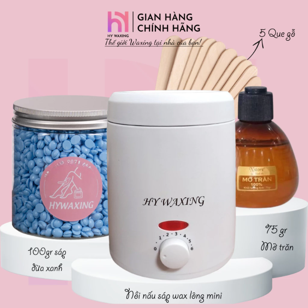 [CHE TÊN] Combo 100gr Sáp Dừa Xanh + Nồi Nấu Sáp Wax Lông Chống Dính Mini HY WAXING + Mỡ Trăn