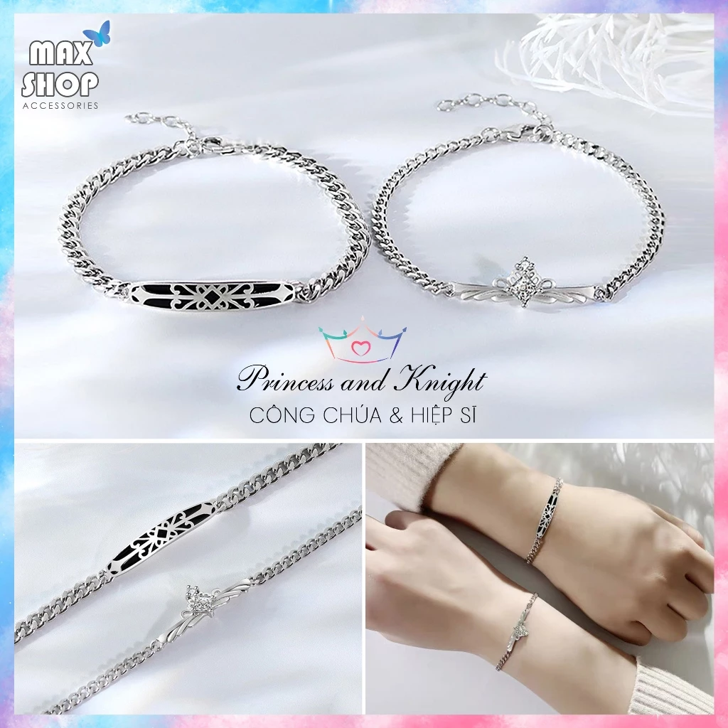Vòng tay đôi nam nữ CÔNG CHÚA VÀ HIỆP SĨ bạc 925 sáng bóng phong cách sang trọng