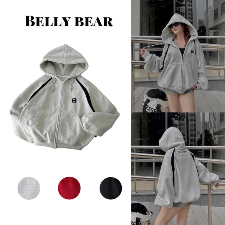 Áo Khoác Hoodie Zip Nỉ Bông Form Boxy Chữ Thêu Belly Bear Unisex_Áo Hoodie Dành Cho Nam Nữ Siêu Thời Trang Hót 2024