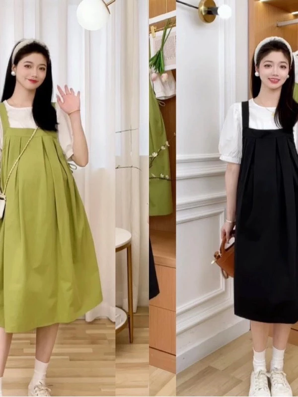 Đầm váy bầu hè-Set yếm liền phối áo cộc tay bồng trắng-Váy bầu công sở thiết kế dáng suông đi làm...