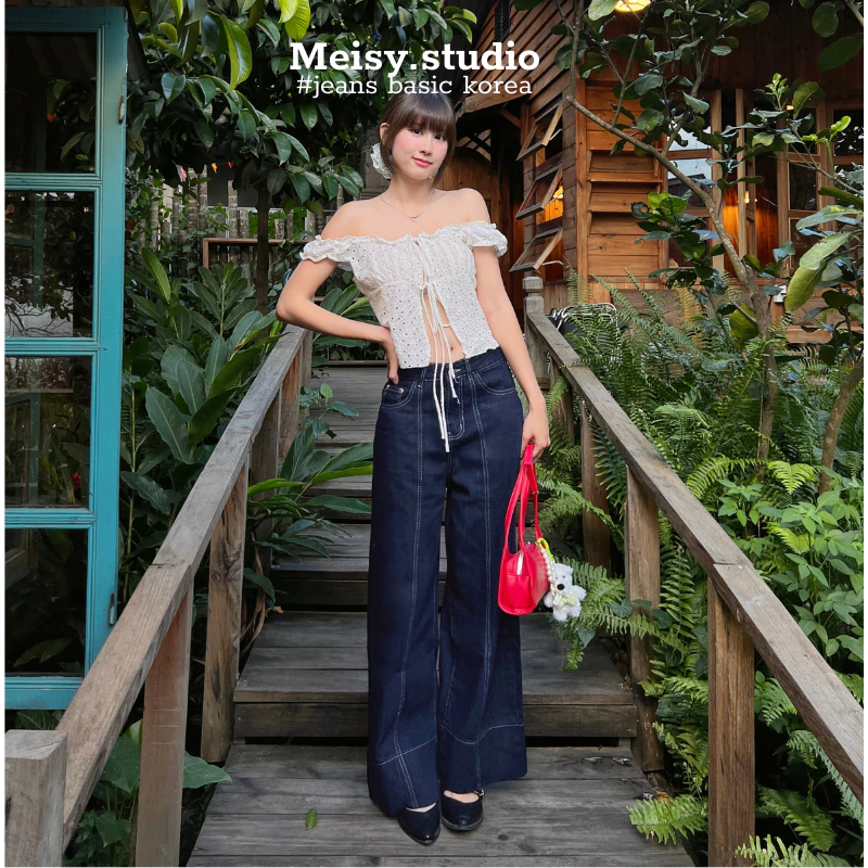 Quần jeans bò ống rộng Meisy vải denim màu xanh đen, gấu 7 phân chất jeans mềm mặc mùa hè mát không co giãn Meisy