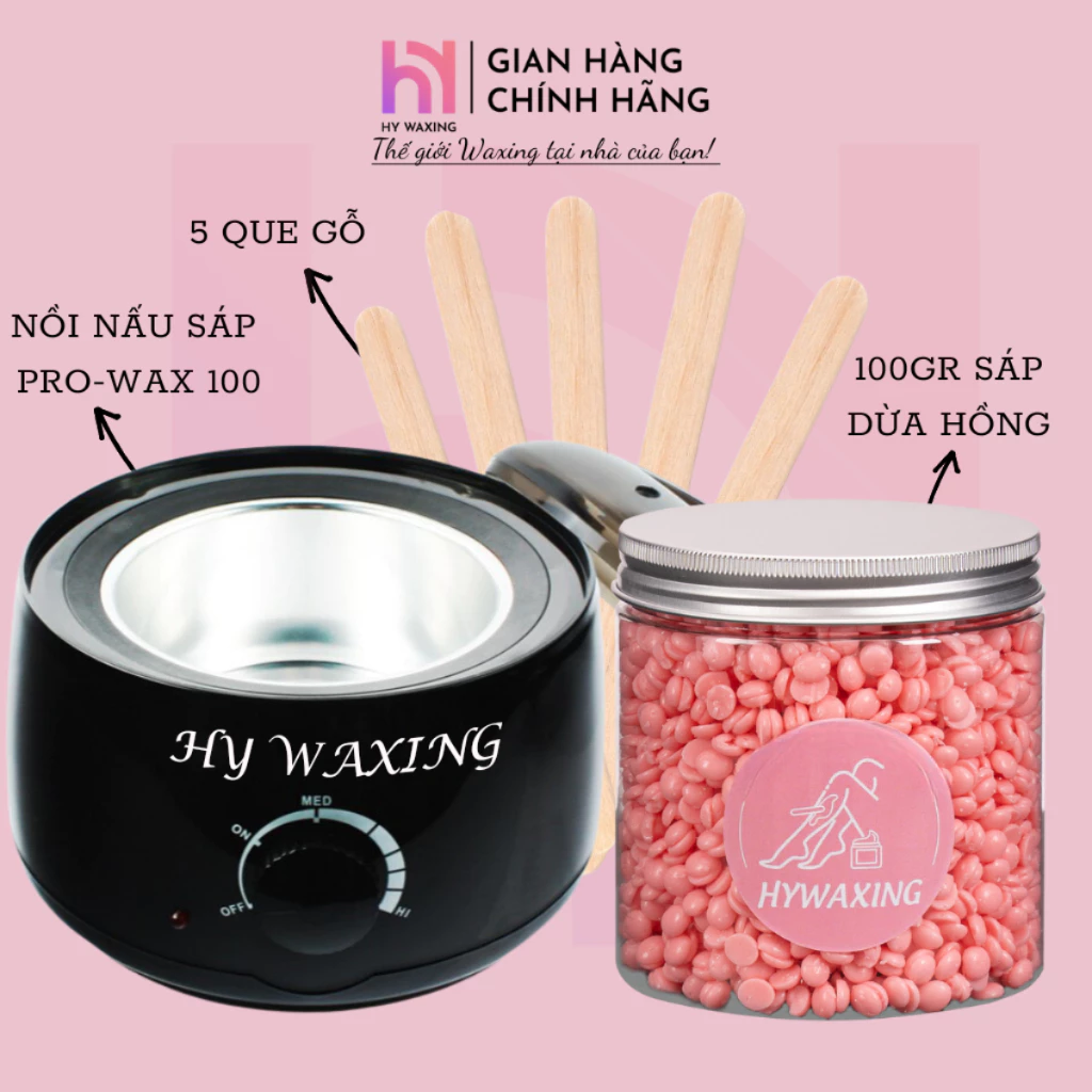 [CHE TÊN] Combo 100gr Sáp Dừa Hồng Premium + Nồi Nấu Sáp Wax Lông Prowax100 HY WAXING Tặng Que