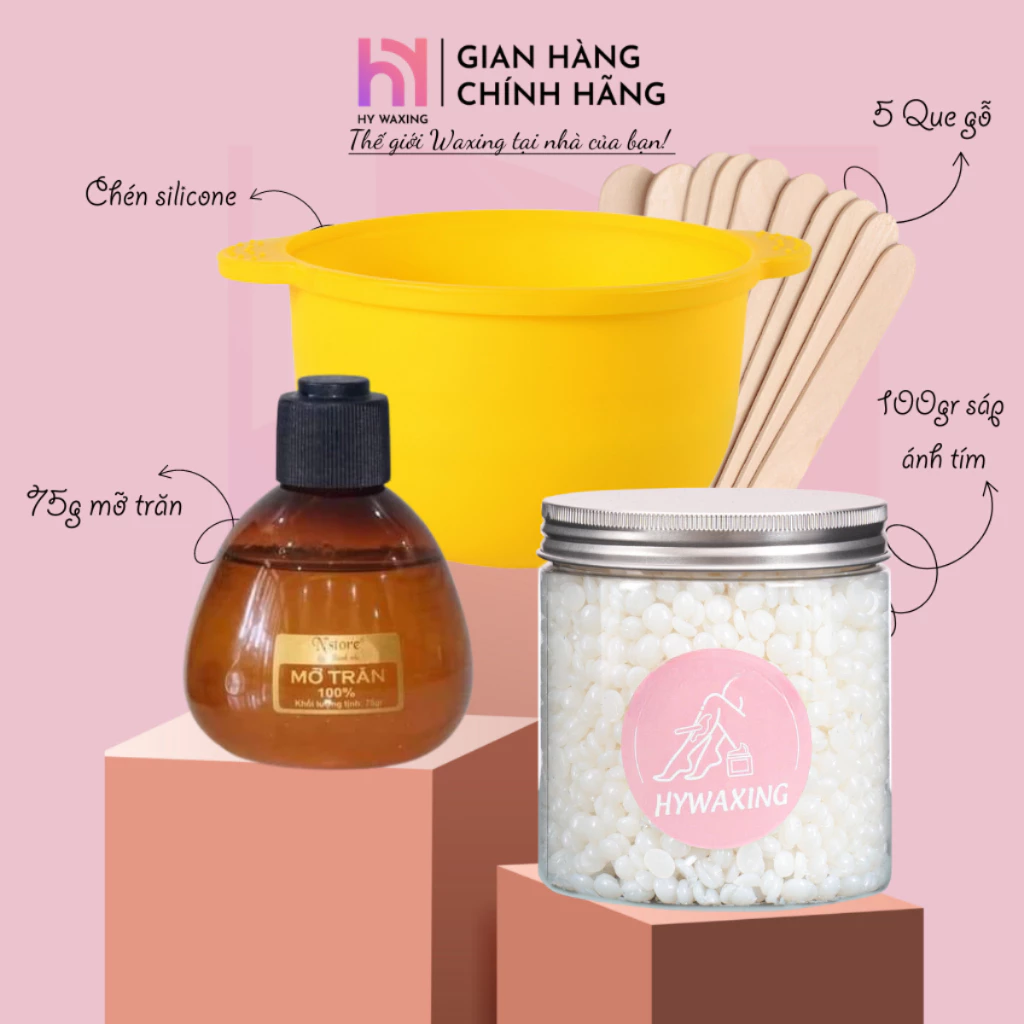 [CHE TÊN] Combo 100gr Sáp Ánh Tím Cao Cấp + Chén Nấu Sáp Wax Lông Silicone + Mỡ Trăn HY WAXING