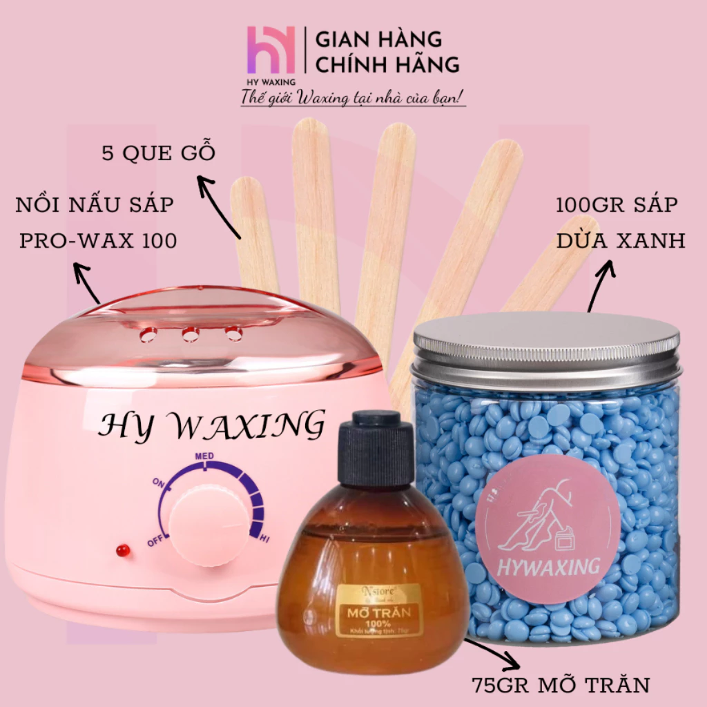 Combo Nồi Nấu Sáp Wax Lông ProWax100 HY WAXING+ 100gr Sáp Dừa Xanh Premium+75Gr Mỡ Trăn Tặng Que