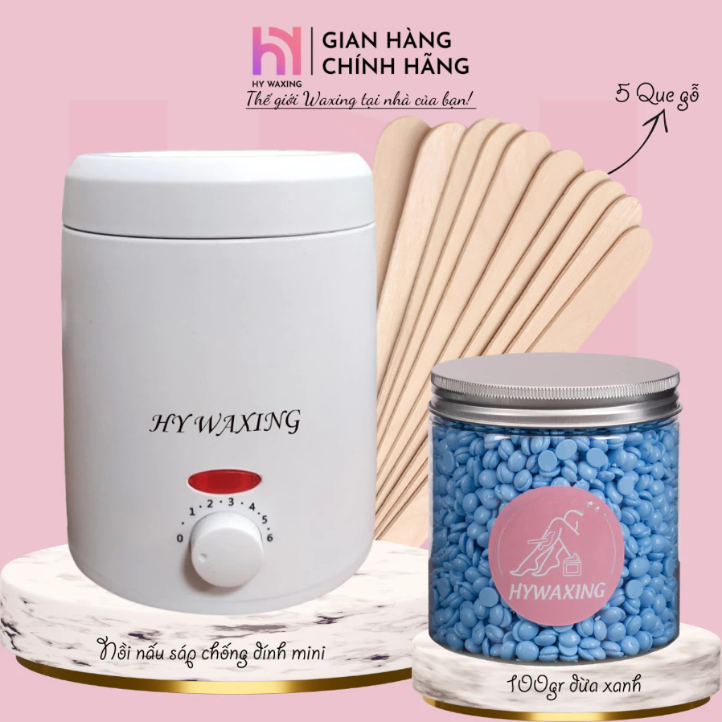 [CHE TÊN] Combo 100gr Sáp Dừa Xanh Premium + Nồi Nấu Sáp Wax Lông Chống Dính Mini HY WAXING Tặng Que