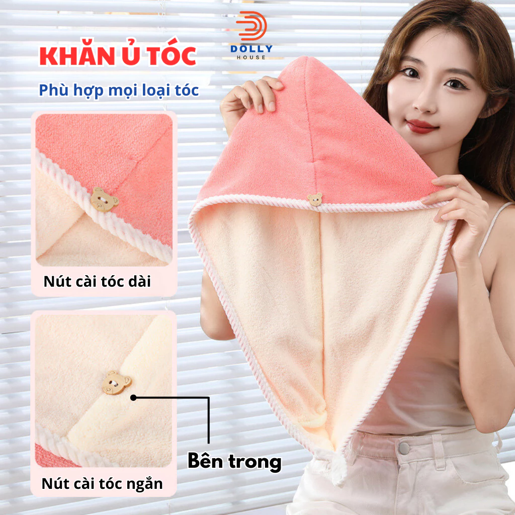 Khăn ủ tóc lau khô đầu hai lớp dày dặn Dolly House, Khăn chùm đầu chất vải lông cừu mềm mại siêu thấm hút