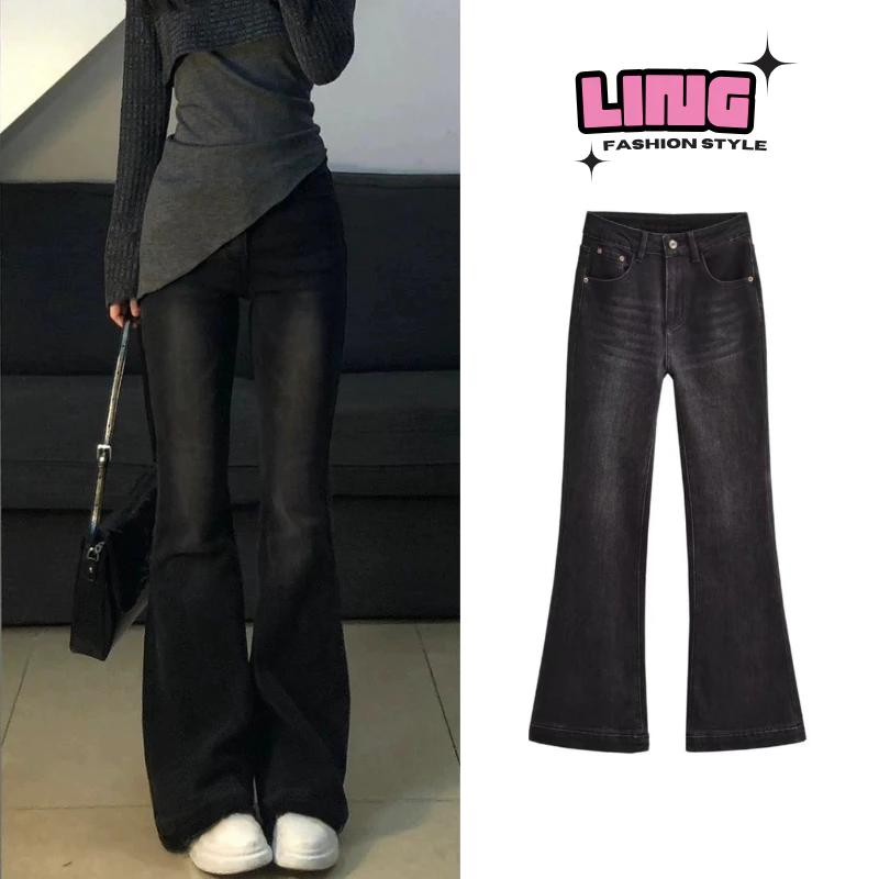 Quần jean nữ ống loe Grey Wash Cạp cao Cá Tính LING màu RETRO Chất Demin Tôn dáng size SML