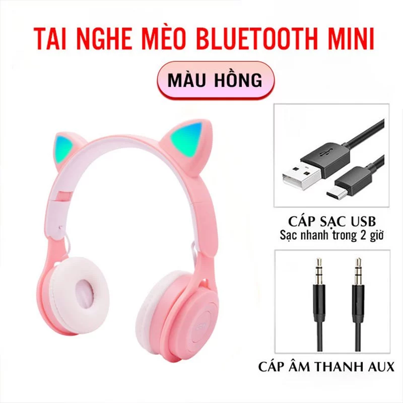 Tai Nghe Chụp Tai Mèo Kiểu Dáng Dễ Thương Có Micro | Headphone Bluetooth Tai Thỏ 5.0, Âm Bass Mạnh Mẽ