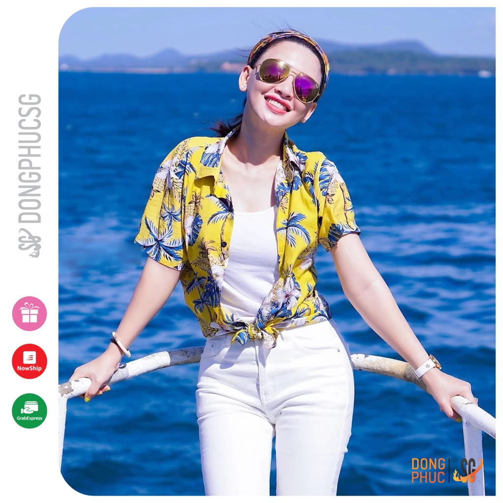 Áo sơ mi đi biển nam nữ hoa lá nổi bật chất Kate Thái dày dặn cho cặp đôi nhóm gia đình DONGPHUCSG