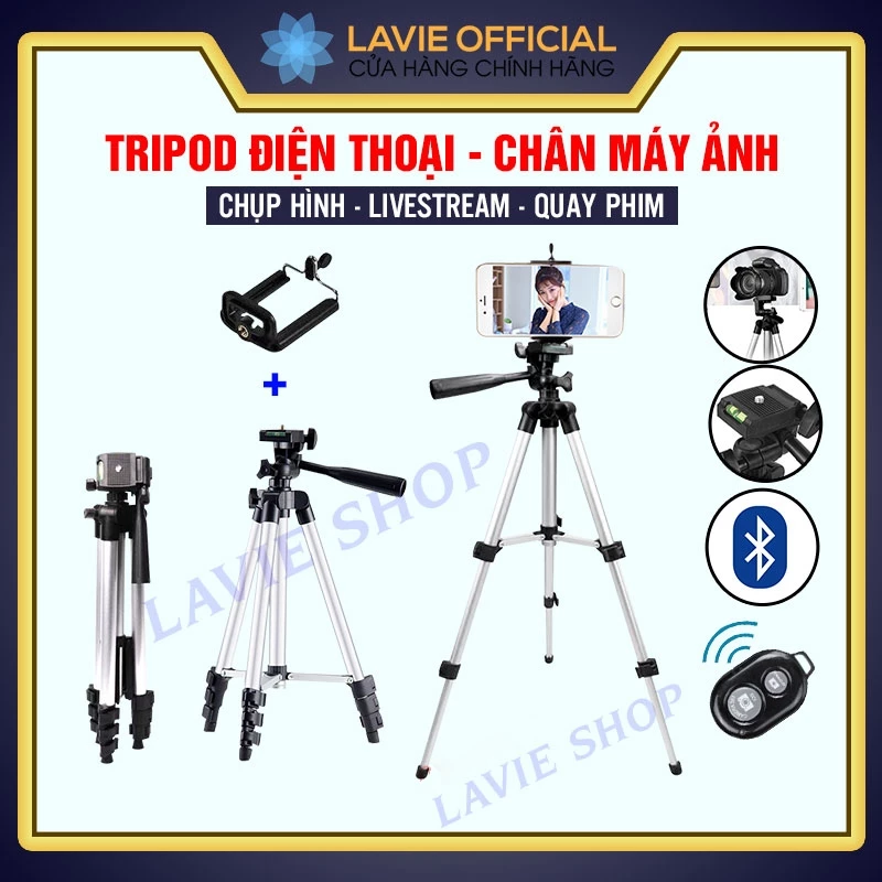 Chân máy quay di động BG3- Tripod máy ảnh 3 chân tặng kèm kẹp điện thoại thiết kế nhôm chắc chắn, thích hợp livestream