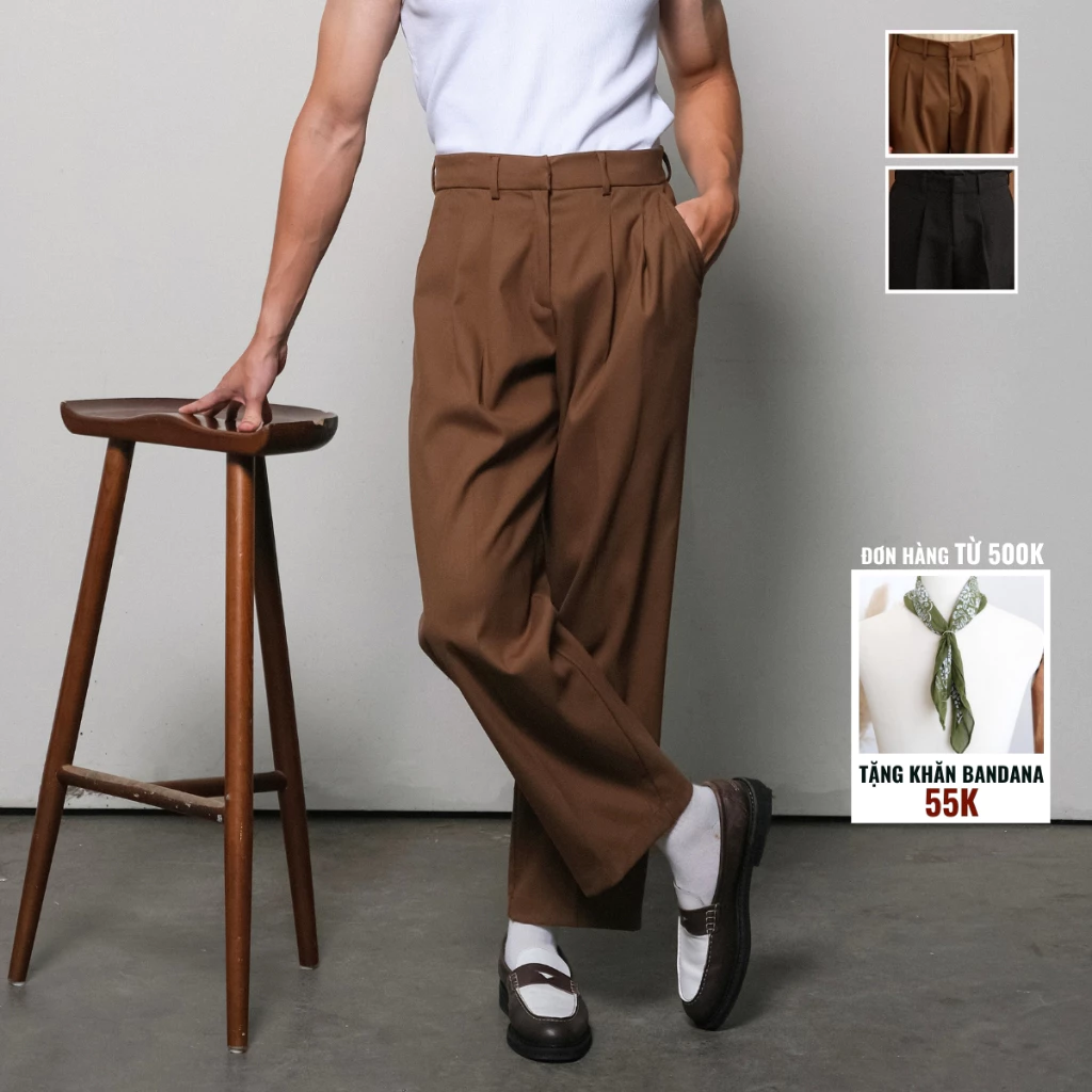 Quần Tây Quần Vải Nam B Brown Cạp Cao Ống Rộng - Wide Fit Trousers