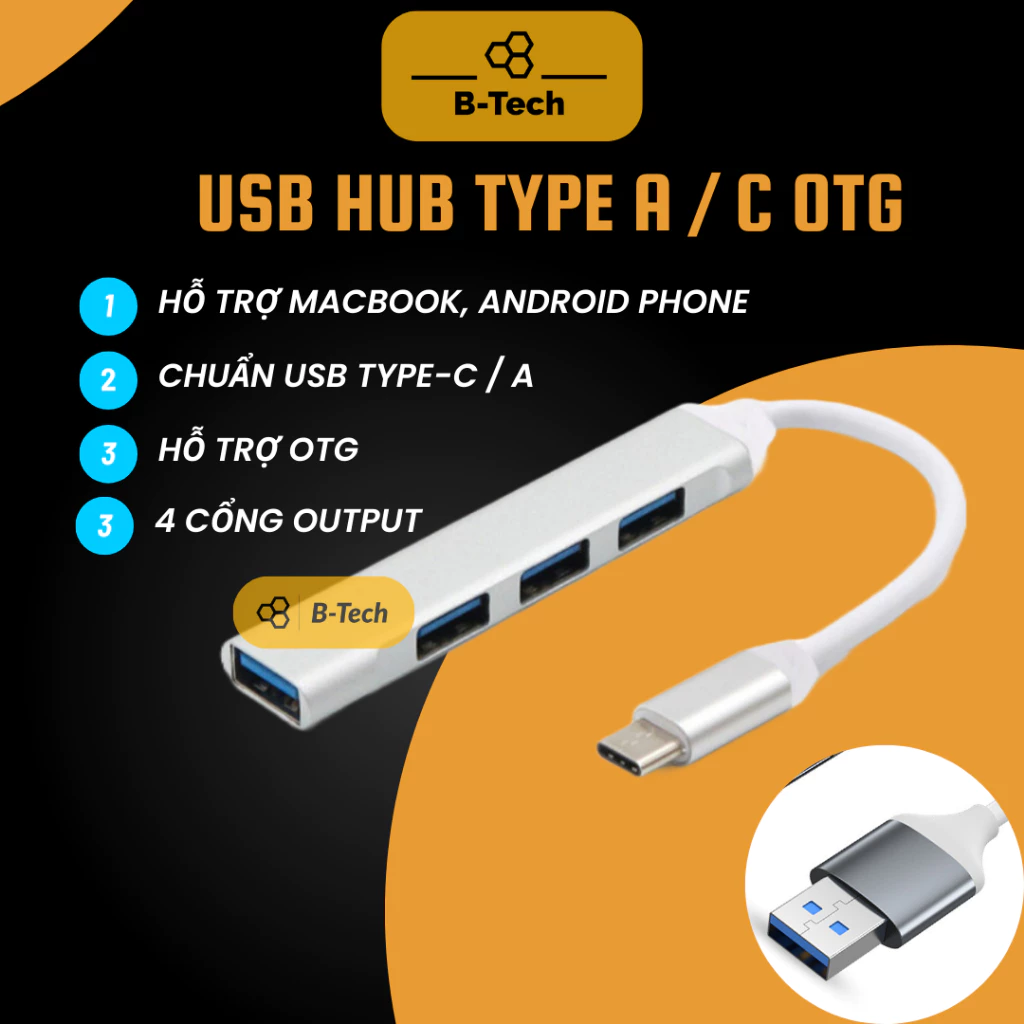 USB hub type C/A OTG USB 3.0 tốc độ cao, bộ chia cổng usb, mở rộng 4 cổng cho laptop PC macbook - BTech B-Tech