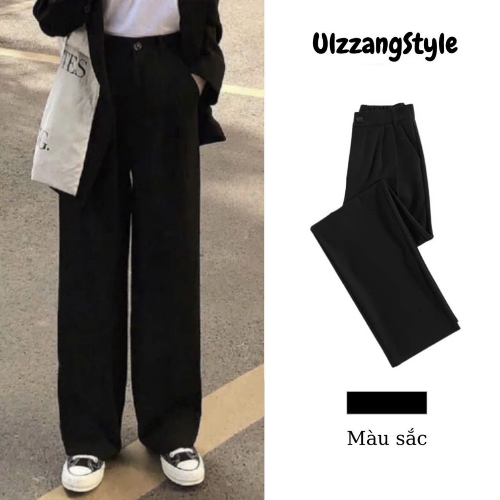 Quần Tây Ống Rộng Lưng Cao 247Store Màu Đen Dáng Dài 100cm Đi Học Đi Làm