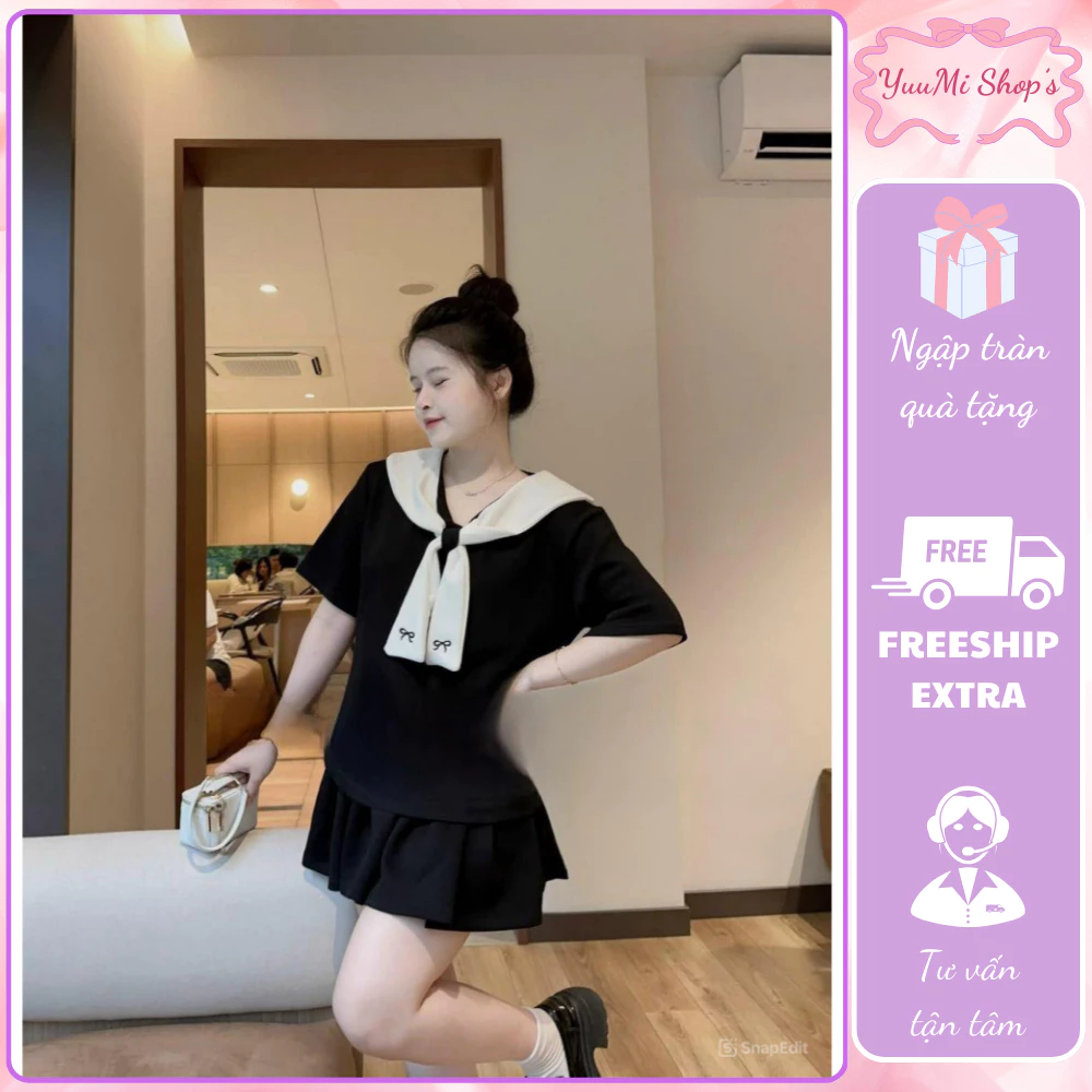 Set đồ nữ áo cổ thủy thủ phối khăn thêu nơ mix chân váy cạp chun xếp ly HCOM2624,đồ bộ nữ cá tính năng động YuuMi Style