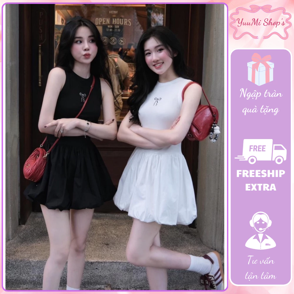 Váy nữ sát nách cổ tròn thêu nơ ngực dáng bí phồng siêu tôn dáng HCOM2535, đầm nữ cổ bo 2 màu đen trắng YuuMi Style