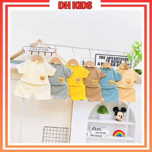 [B20] Bộ thun tăm lạnh cộc TÚI gấu co giãn thấm hút mồ hôi cho bé trai và bé gái từ 4-15kg -DH KIDS