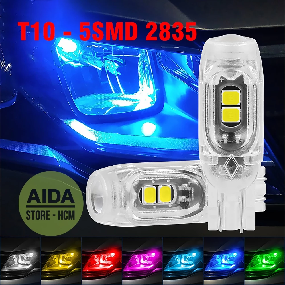 Đèn. LED T10 5smd 2835 THẤU KÍNH gắn demi, xi nhan xe máy, ô tô DC12v
