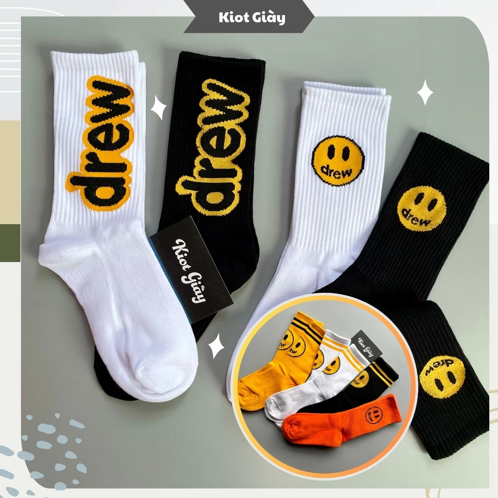 Tất Drew mặt cười cổ cao - Vớ Drew House cao cổ nam nữ - Hàng cao cấp