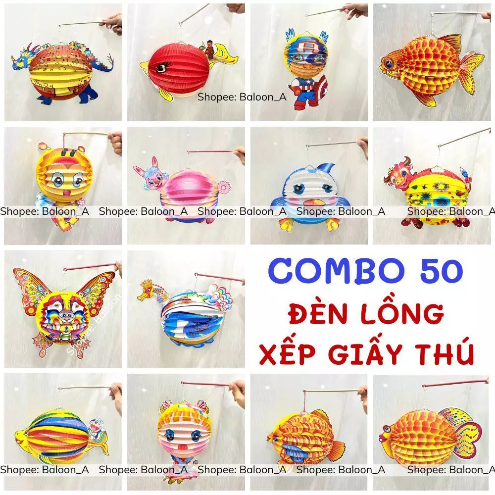 Combo 100 đèn lồng giấy xếp, đèn ông sao, đèn rọ thú, đèn trung thu trang trí trung thu truyền thống nhiều mẫu