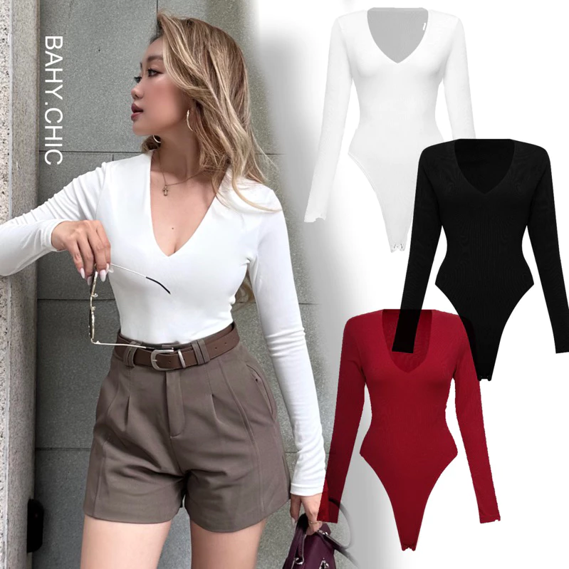 (WHITE-BLACK | RED) Body suit cổ V phong cách đơn giản, thanh lịch sang trọng BAHYCHIC
