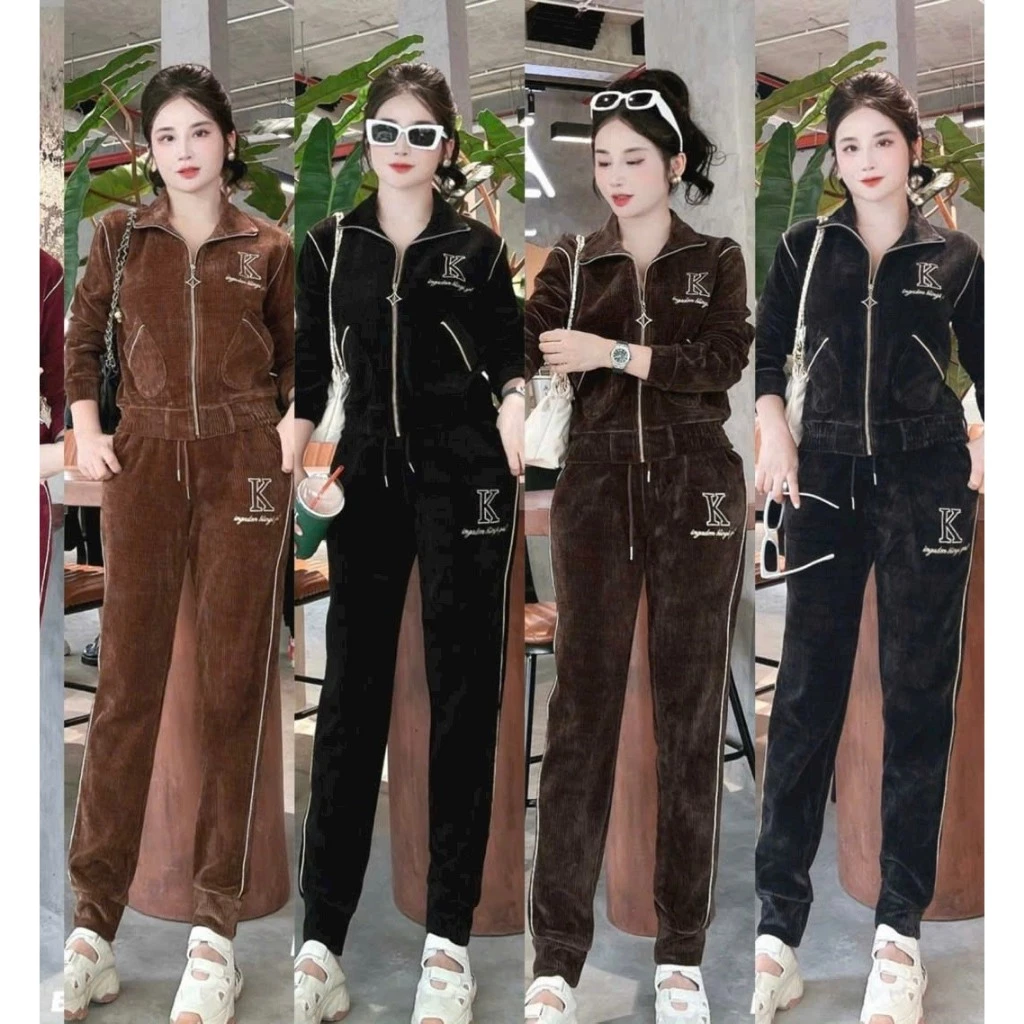 [ hàng loại 1 ] Set bộ Nhung Kép nữ cổ bẻ thêu chữ K chất vải đẹp, dày dặn - quanaohuyenanh  [M30]