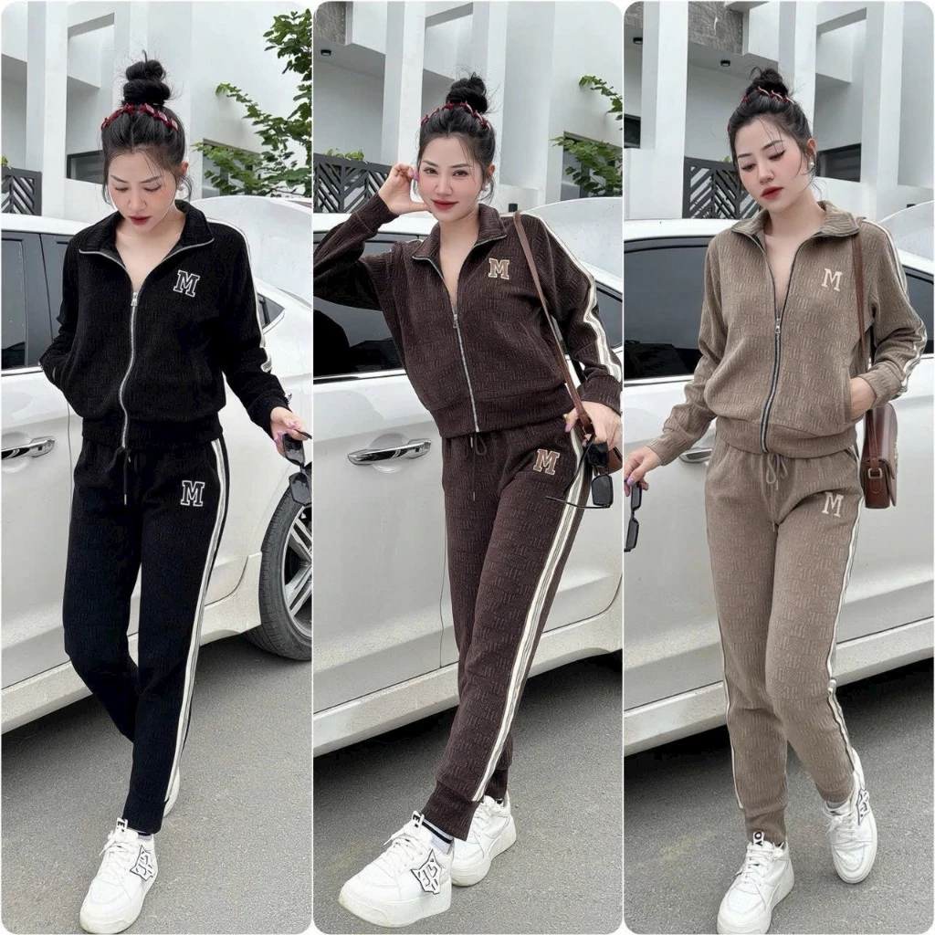 Set bộ thu đông Nhung viền cổ bẻ bo gấu thêu chữ M phong cách trẻ trung [M12] - quanaohuyenanh