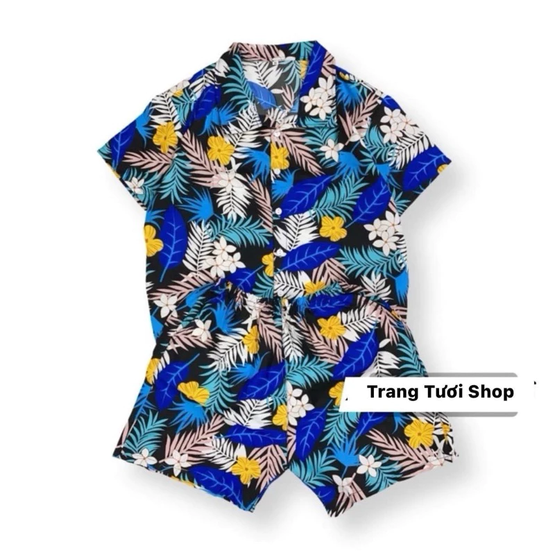 ĐỒ BỘ HOA LÁ ĐI BIỂN CHO NHÓM GIA ĐÌNH NAM NỮ ĐỦ SIZE LỚN & BÉ MẪU XANH NAVY TRANG TƯƠI SHOP