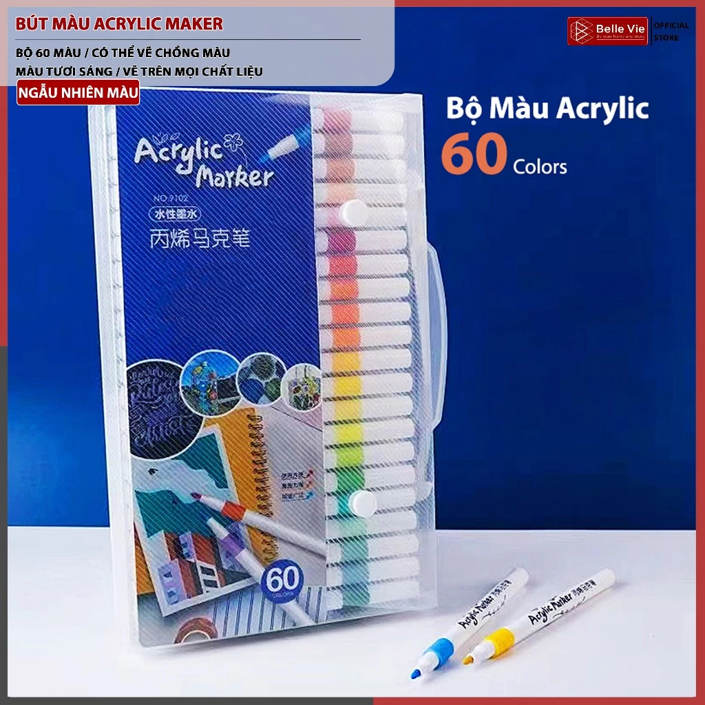 Hộp 60 Bút Màu Acrylic Marker Cao Cấp Màu Vẽ Sơn Chống Nước Bộ Cọ Vẽ Trên Mọi Chất Liệu Bề Mặt