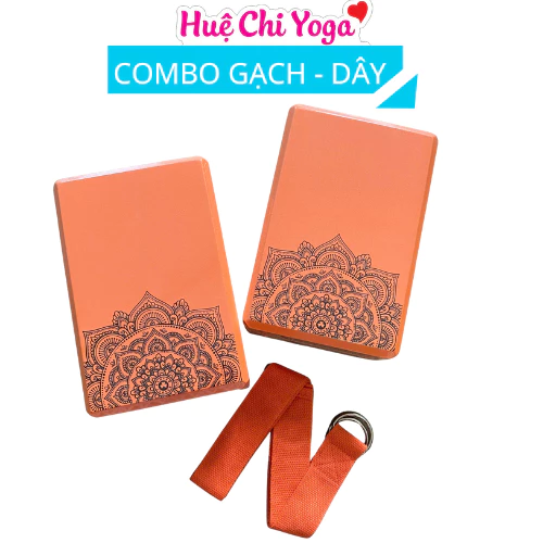Combo 2 gạch cam in hoa văn 220g, 1 dây cotton họa tiết 1,83m hỗ trợ tập Yoga
