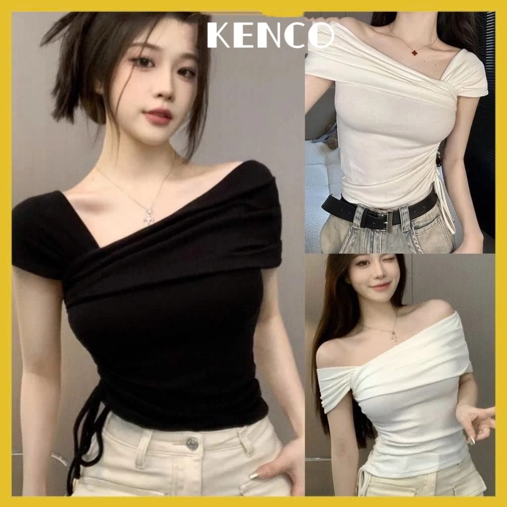 Áo thun nữ trễ vai vạt lệch phối dây rút eo dáng ôm tiểu thư áo kiểu nữ lệch vai chất thun tăm co giãn A59 Kenco SG M173