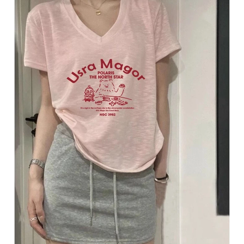 Áo thun nữ cổ tim Xược giấy In hình trẻ trung Menina_studio, áo thun cổ V tim xược form vừa phong cách