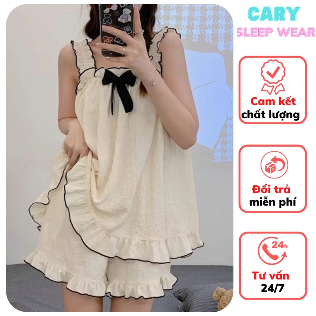 Set bộ đồ ngủ hai dây trơn chất đũi xốp mềm thoáng mát mặc nhà CARY