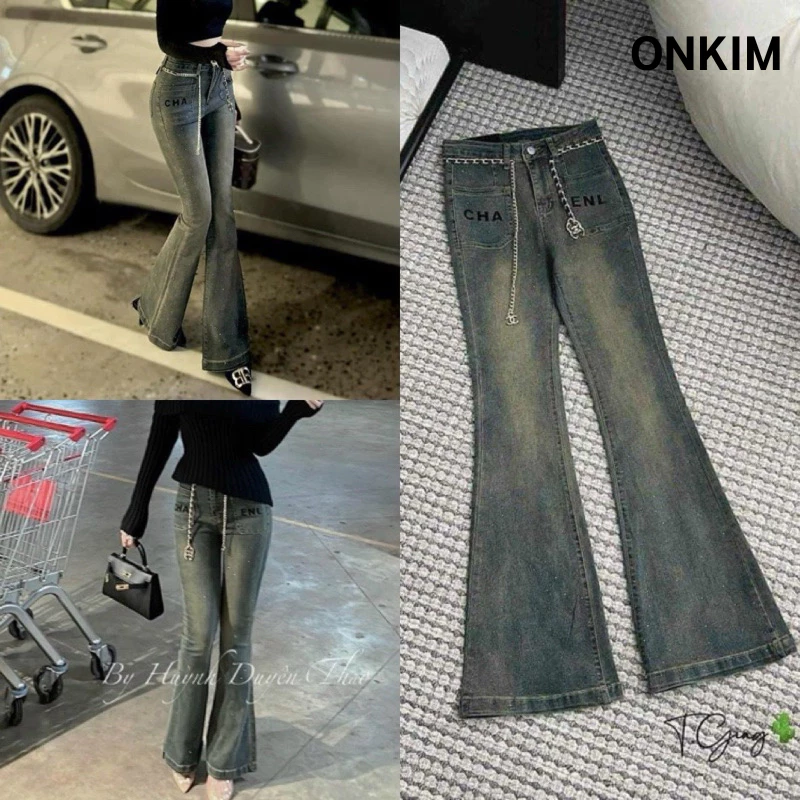 Quần jeans ONKIM ống loe túi vuông thêu hoạ tiết kèm đai xích lưng cao chất bò dãn dày mịn