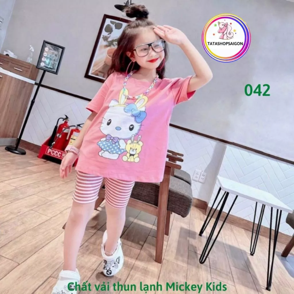 042 Bộ bé gái size đại chất thun lạnh in 3D among pony mickey kitty 22 đến 40kg