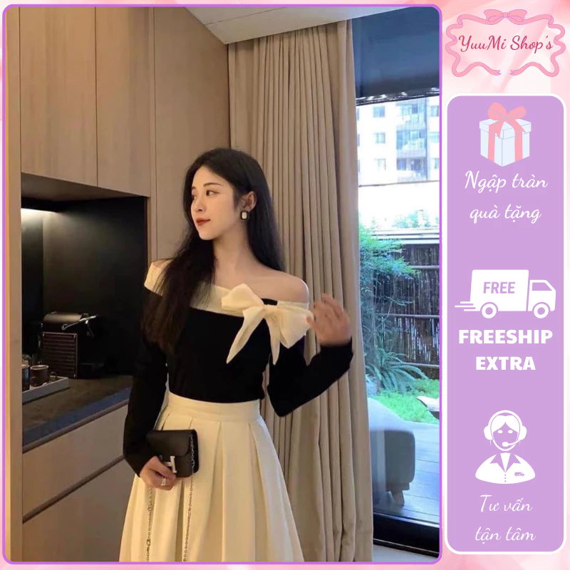 Áo thun nữ dài tay chất thun tăm trễ vai đính nơ cà vạt thiết kế phong cách cổ điển HCOM2861 YuuMi Style