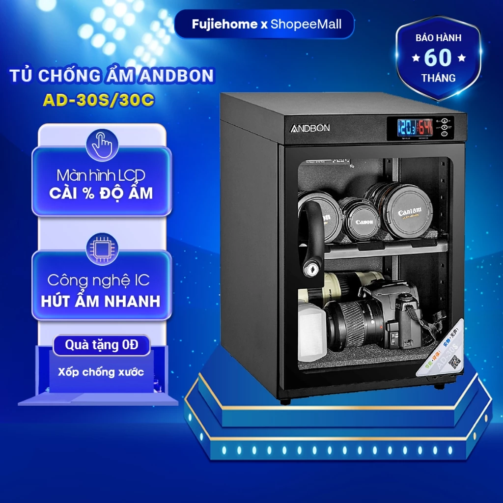 Tủ chống ẩm máy ảnh 30 Lít ANDBON bảo hành 5 năm chính hãng, tủ hút ẩm 30L 2 ngăn chống xước, tiết kiệm điện