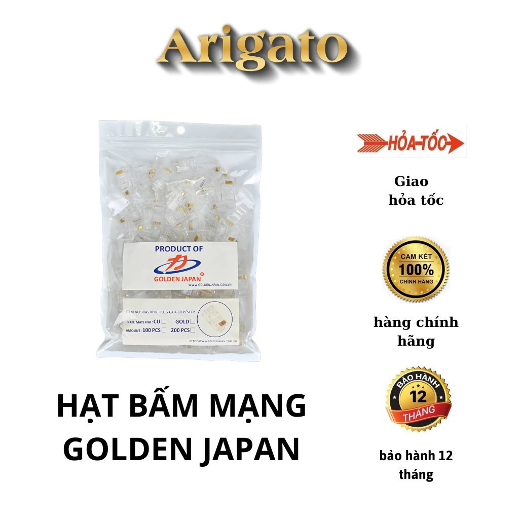Hạt mạng, Đầu bấm dây mạng Golden Japan Cat5 / Cat6 túi 100 hạt, lá đồng dày bấm nhạy