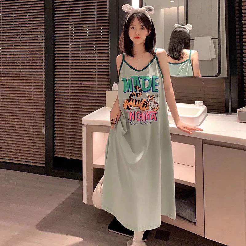 Áo ngủ in hình hoạt hình dễ thương treo váy ngủ cho nữ mùa hè dáng rộng kích thước lớn mỡ MM bên ngoài dài đến đầu gối