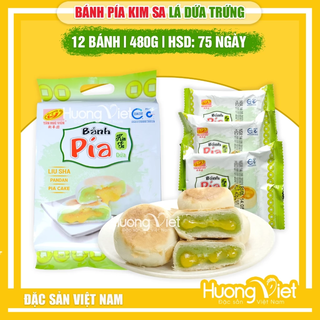 Bánh pía kim sa Tân Huê Viên đậu xanh lá dứa tan chảy 500g, bánh pía không sầu riêng trứng chảy [LÁ DỨA TÚI 12 BÁNH]