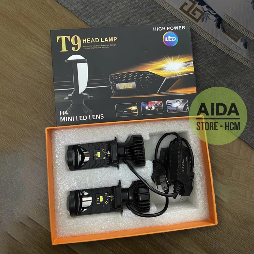 Đèn pha LED H4 T9 PRO 2024 bi cầu mini cắt sáng dùng điện bình 12v