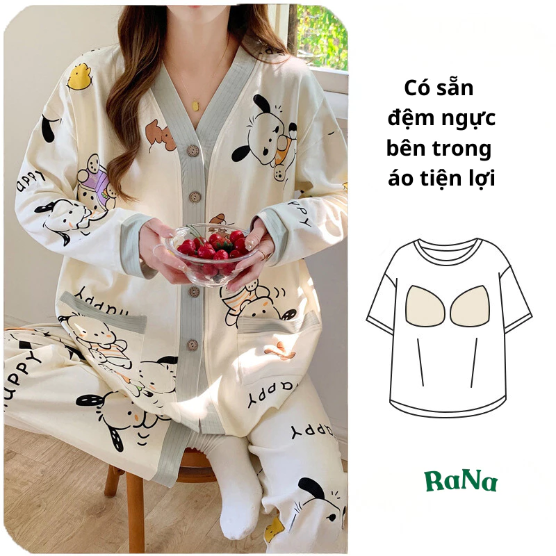 Bộ ngủ pyjama Rana có chỗ cho con bú và đệm ngực quần có dây rút điều chỉnh có thể mặc suốt thai kỳ và sau sinh