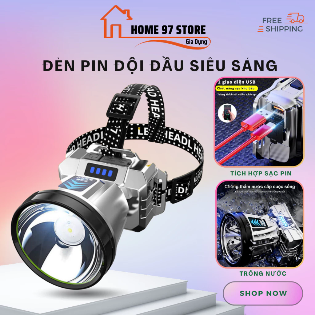 Đèn Pin Đội Đầu Siêu Sáng Sạc Pin 2in1 Kiêm Sạc Dự Phòng Chống Nước Cổng Sạc UBS/TYPE-C