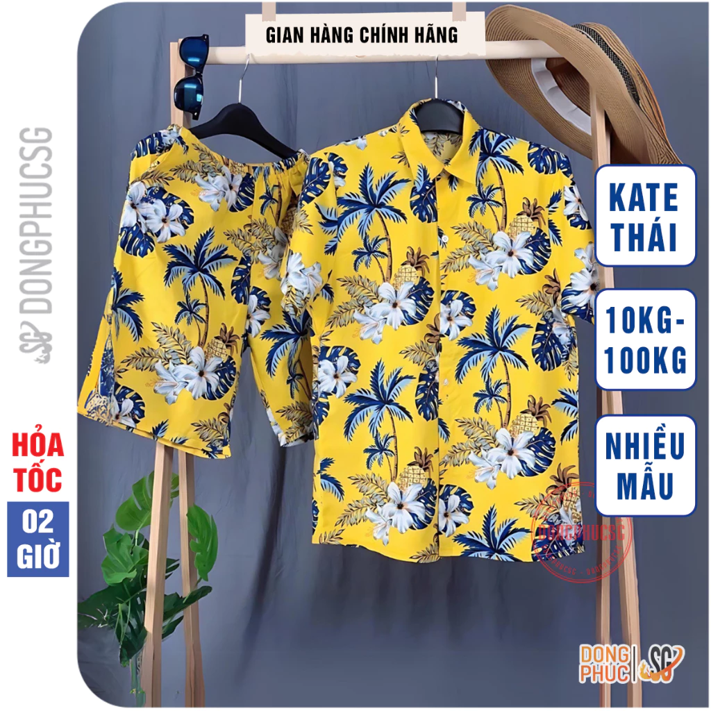 Đồ đi biển nam nữ cặp đôi nhóm gia đình set có áo và quần hoa lá chất Kate Thái dày dặn mát mẻ
