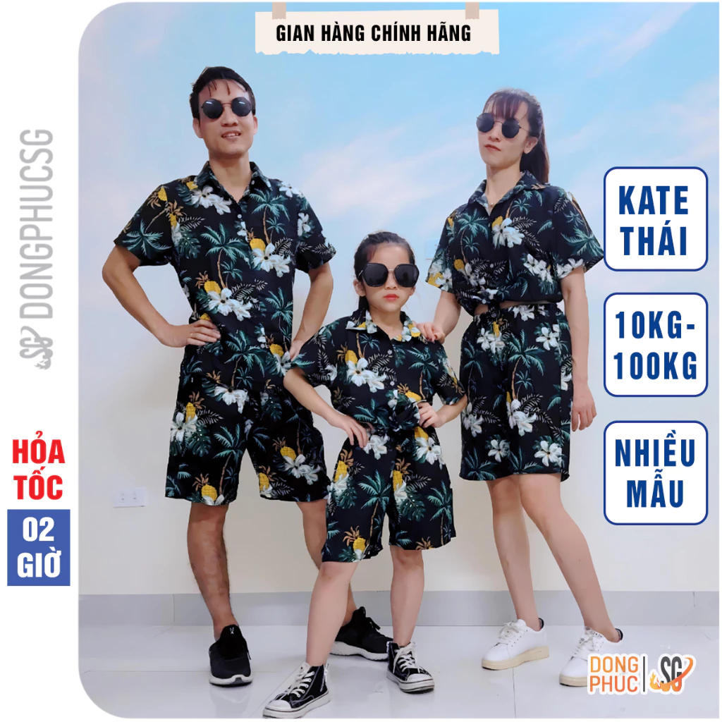 Đồ đi biển nam nữ nguyên bộ sơ mi hoạ tiết hoá lá đủ size bé trai gái và người lớn | DONGPHUCSG