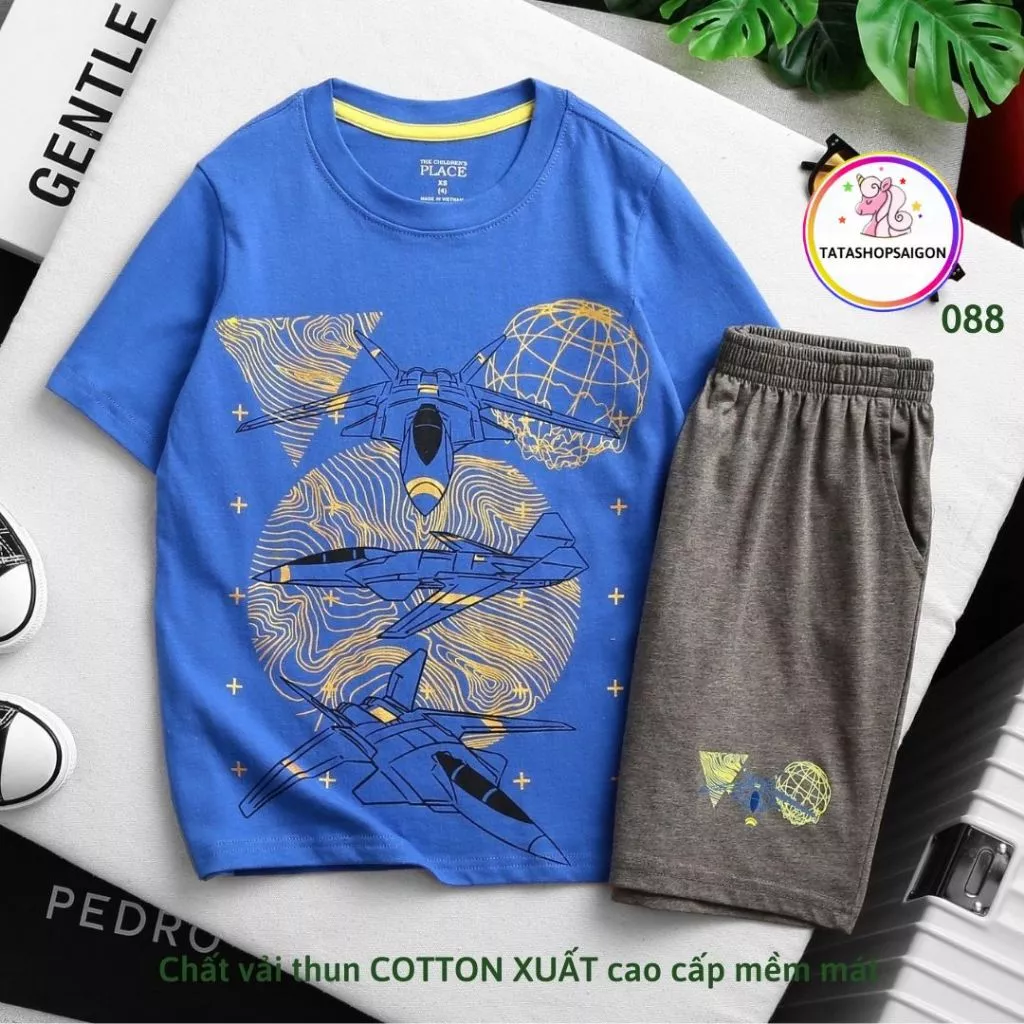 Đồ bộ bé trai thun cotton xuất mềm mát hình xe bóng đá - Bộ đùi cộc tay cho bé trai size đại 19 đến 50kg 088